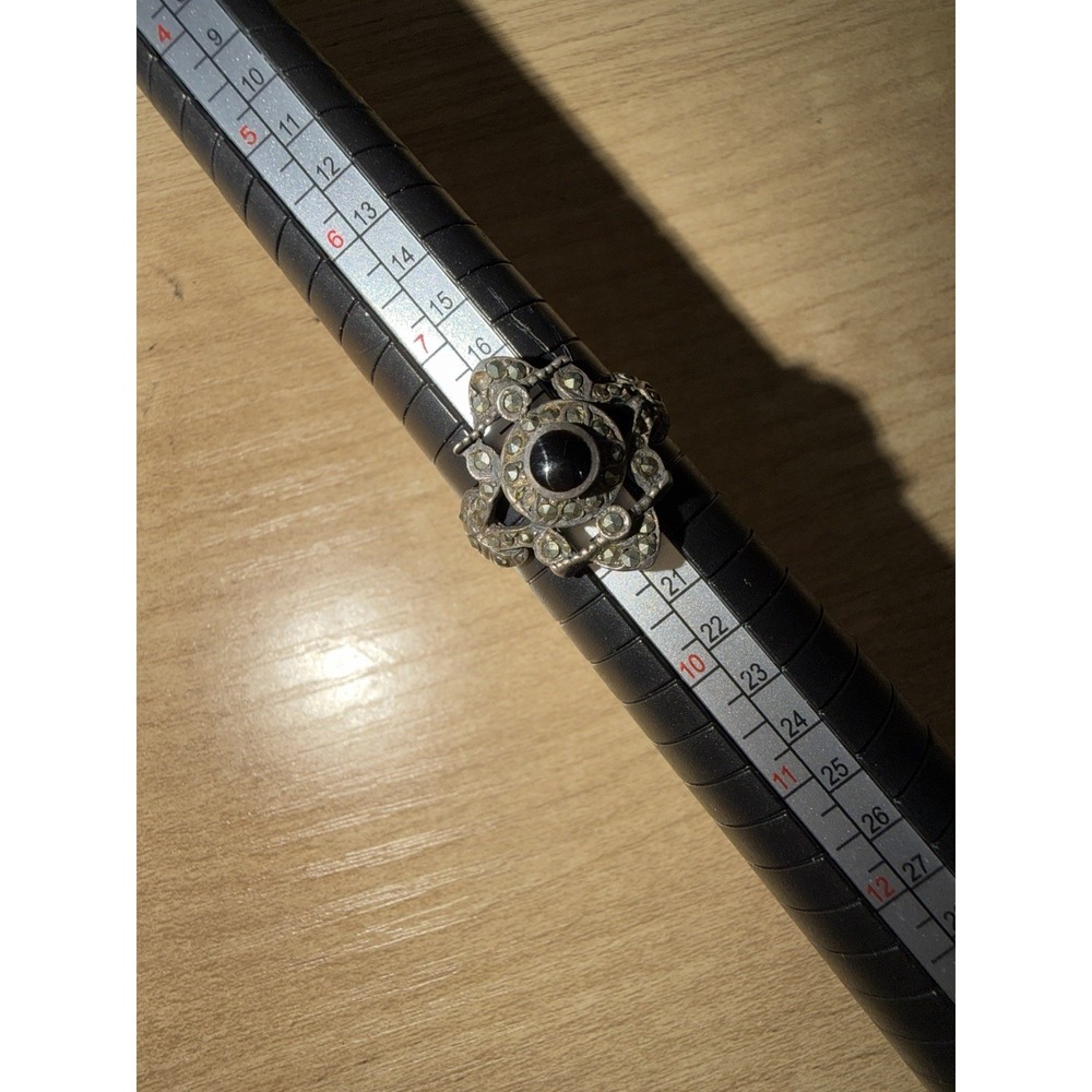 Vintage Sterling Silver Art Deco Ring Marcasite Black Onyx Center Stone Size 8.5